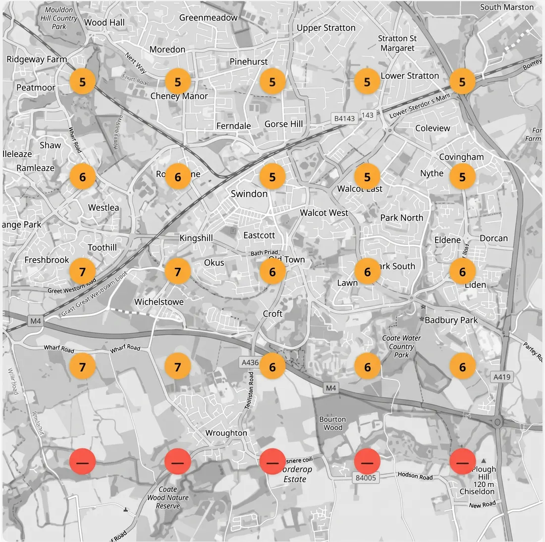 A five by five grid of map points over Swindon, most of them orange and red: fifth to seventh at best, off the first page at the edges.